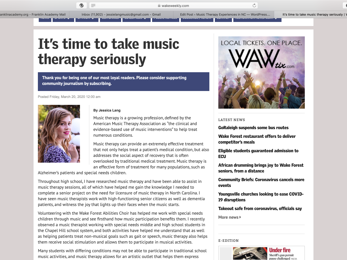 “It’s Time to Take Music Therapy Seriously” Article Published in the Wake Weekly!